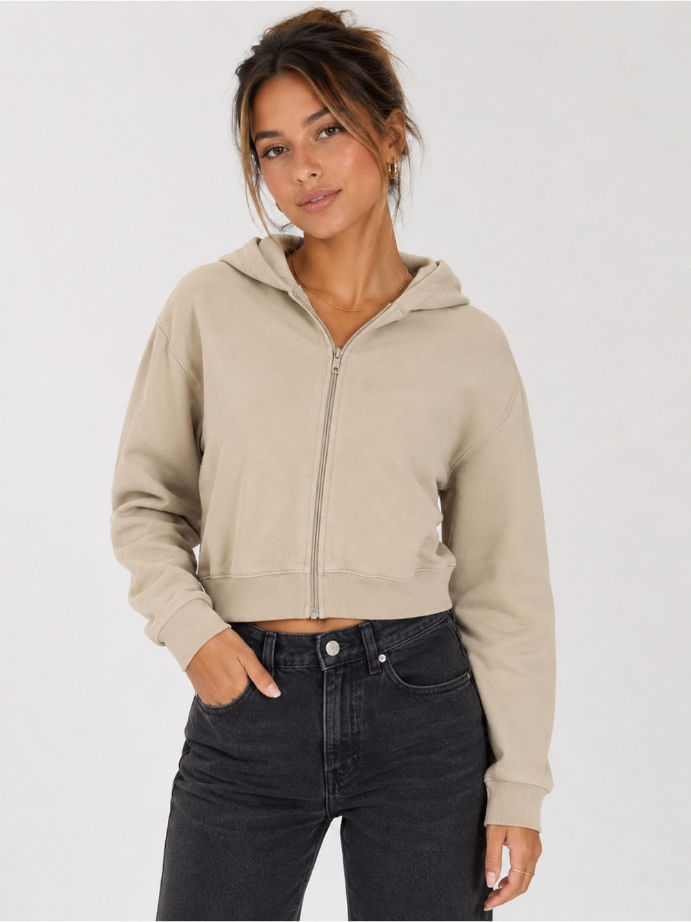 Skims The Zip Up Hoodie Tan/Beige Women’s 2XL Cropped Sweatshirt Long Sleeve
